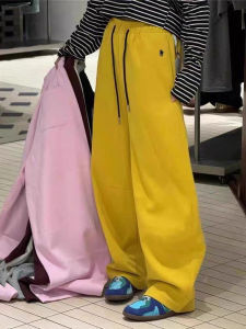 Yellow Fleece Lined American Retro Loose Sports Pants Womens Spring Autumn Winter Casual Wide Leg Casual Pants Small Size