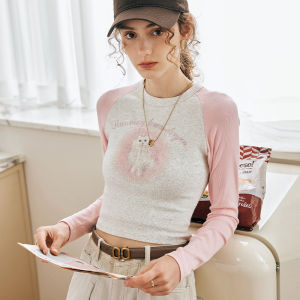 OLrain American Style Long Sleeve T-Shirt Womens Spring New Slim Fit Color Block Casual Short Top Fashionable Commute