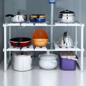 LandMall 2 Tier ABS Shelf Adjustable Rack Organizer Adjustable Family Special Kitchen Rack 2 Tier layer Kitchen Bathroom Microwave Under Sink