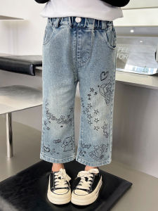 กางเกงยีนส์เด็กผู้หญิงฤดูใบไม้ผลิและฤดูใบไม้ร่วง กางเกงขายาวทรงหลวม กางเกงขายาวทรงตรงสำหรับเด็กผู้หญิง แฟชั่นสตรีท ลายการ์ตูน