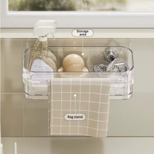 Suction Cup Kitchen Sponge Storage Rack with Drainer No Drilling Required with Hanging Rod Multifunctional Dishwashing Sponge Storage Tool