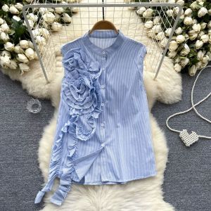 French Style Sleeveless Shirt Womens Summer Stylish Three-Dimensional Flower Ribbon Single-Breasted Easiest for Match Chic Anti-Aging Top Trendy