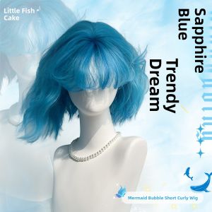 Blue Short Curls Lolita Wig for Women Sweet Style Hair Dye Anti-Aging Full Head Covering Fake Hair by Xiaoyu Biscuit