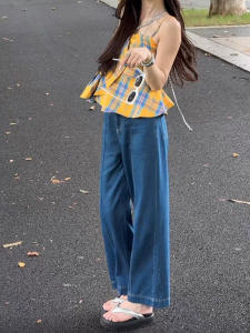 Quần Jeans Denim Ống Rộng Ôm Dáng Cạp Cao Màu Xanh Cổ Điển Cho Nữ Mùa Hè Quần Dài Ôm Dáng Thẳng Quần Jeans Denim