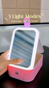LED Makeup Mirror Organizer Cermin Solek Kotak Simpanan Cosmetic Box with 3-Color Adjustable Portable Travel Makeup Mirror Pouch