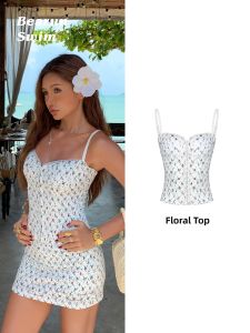 Resort Style Floral Fishbone Halter Top Skirt Set