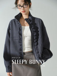 Vintage Blue Plaid Wooden Ear Zipper Loose Slimming Casual Top