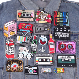 เพลงเทป Patch DIY ถ้วยไวน์/การ์ตูนเย็บปักถักร้อย Patch Book Badge เหล็กบนแพทช์สําหรับเสื้อผ้า thermoกาวแพทช์บนเสื้อผ้า