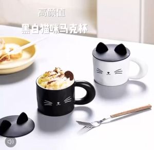 Cute Cat Nordic Ceramic Coffee Mug with Cover