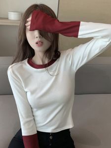 Design Sensation Color Block Fake Two-Piece T-Shirt Womens Slim Fit Pure Cotton Base Shirt Spring Autumn Long Sleeve round Neck