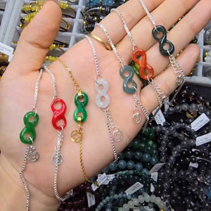 Lắc bạc vô cực như ý nguyện 5 mẫu ngọc: Cẩm Thạch Sơn Thủy Lam Ngọc Bạch Ngọc Ngọc Huyết 2 màu đỏ cam  - Phong Thuỷ TUDO