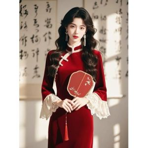 Elegant Red Chinese Style Long Dress Womens Inner Wear High Waist Velvet Fabric Bell Sleeve Print Ladylike New Years Dress