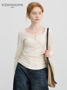 Retro V-Neck Lace Trim Fitted Long Sleeve T-shirt