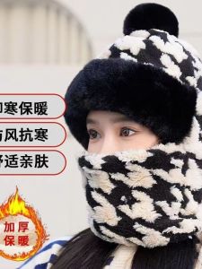 Winter Thickened Fleece Lined Scarf Mask Integrated Head Cover Hat for Cycling Womens Korean Style Windproof Ear Protection