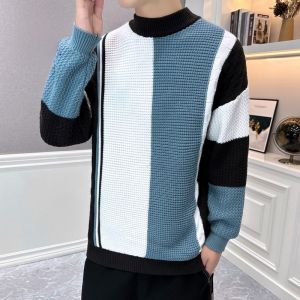 ROMON | Lormen Mens Mid-High Collar Thickened Casual Sweater Winter Fashion Color Block Warm Knitted Inner Wear Urban Style Long Sleeve