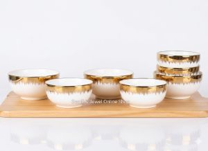 G02 LUXURY GRASS GOLD RIM BOWL SIZE 7 INCHES / 4.5 INCHES ROUND / PORCELAIN / SET FOR 6 PIECES