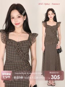 Elegant Korean Style Plaid Print Midi Dress with Pleated Sleeves in Chiffon Material by DALU Fashionable Autumn Spring Dress