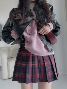 กระโปรงสั้นลายสก็อตสีแดงเอวสูงกระโปรงจีบกระโปรงทรงเอเข้ารูปสำหรับผู้หญิงในช่วงฤดูใบไม้ผลิและฤดูร้อน กระโปรงสั้นทรงเอเข้ารูป