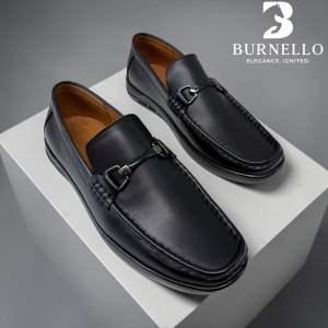 Giày da nam đen bóng dáng loafer với chi tiết khóa trang trí tăng cao đế 3cm