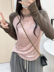 เสื้อยืดผู้หญิงแขนยาวผ้าไหมสีชมพูทรงสลิมฟิตฤดูใบไม้ร่วง 2025 ทรงสลิมฟิต ทรงสลิมฟิต เสื้อตัวบนทรงเข้ารูป