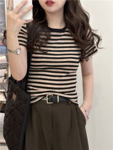 Áo Thun Nữ Tay Ngắn Ôm Vừa Vặn Họa Tiết Sọc Cổ Tròn Mùa Hè Phong Cách Hàn Quốc Thường Ngày Thường Ngày