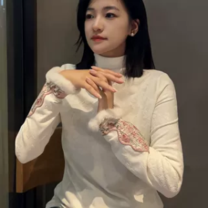 Winter 2025 Womens Faux Fur Half High Collar Cotton Embroidered Fleece Lined T-Shirt Casual Style Standard Fit Long Sleeve Top