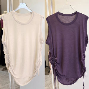 Áo Thun Yoga Nữ Mùa Hè Mỏng Rộng Cổ Tròn Không Tay Áo Tập Luyện Thể Dục Thoáng Khí Có Dây Rút Áo Tập Pilates