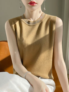Elegant Diamond Embedded Woolen Women's Spring New Style Suit Inner round Neck Black Vest Sleeveless Sweater Base Shirt