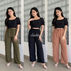 Celana Highwaist Cargo Wanita Crinkle Airflow Anti Lecek Terbaru Korean Style Ootd Kekinian Lucy Pants by Clashe