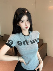 GUZILIAN | Retro American Letter Short Sleeve T-Shirt Women Summer Color Block Slimming Versatile Shoulder Level Top Korean Style Commute