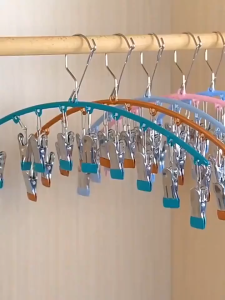 10 Clips Hanger With Clips Heavy Duty Stainless Clothes Hanging Original Organizer Rack Save Space Roundhanger Leave No Trace Laundry Drying Rack Thickened Windproof Anti-slip Strong Load-bearing Capacity Underwear Rack Sock Clip Balcony Drying Rack