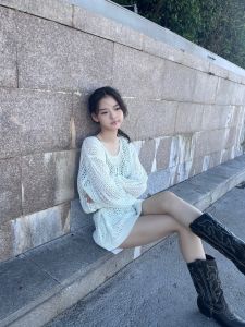 Hlena Ladies Loose Fit Hollow Out Knitwear Shawl Spring Casual Design Versatile Sun Protection Thin Top For Party