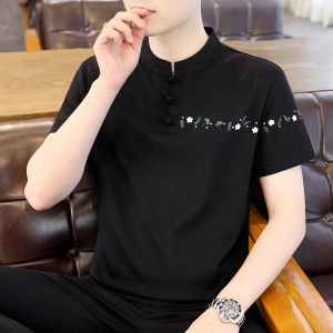 Mens Summer Fashion T-shirt New Chinese Style Half Sleeve Button up Base Shirt Top Ice Oxygen Cotton Loose Fit Embroidered
