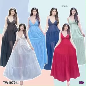 เดรสยาว แขนกุด สายผูกคล้องคอ Long Dress แบบ Sleeveless ด้วย Ties เหลือง บริเวณNeckline