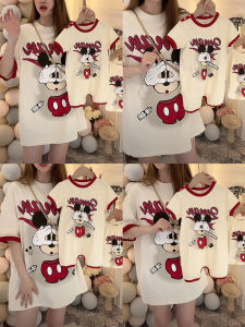 Family Matching Short Sleeve T-Shirts Childrens Cartoon Print Clothing Set Mother Daughter Contrast Color Baby Harem Jumpsuit