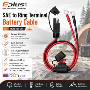 Eplus Thick Gauge SAE to O Terminal Battery Cable 60cm 10/12/14/16/18AWG Overload Protection Fuse for Off-Road ATV & Camper