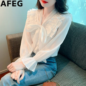 AFEG solid color Korean version V-neck ruffled bow fashion loose temperament chiffon flared sleeve blouse