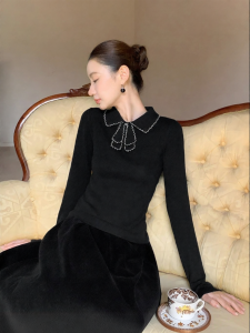 XXNING | Áo Sweater Cổ Xếp Nơ Gấm Pháp Đa Dạng Thời Trang