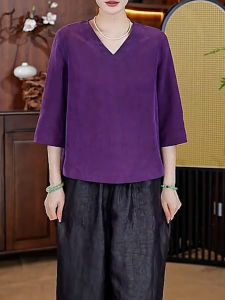 QINGNAER | V-Neck Elegant Loose Versatile Purple T-shirt