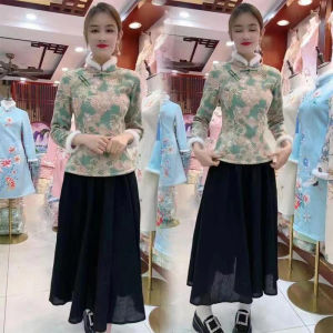 Improved Cheongsam Winter Fleece Lining Fashion Floral Ethnic Style Chinese Western Style Slimming Middle-Aged Ladieswear Short Tops Fashion