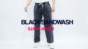 Gizmo - Baggy Pants Relaxed Jeans Pria Celana Baggy Black Sandwash Gombrong Karet Pinggang Oversize Denim