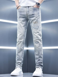 2025 New Mens Premium Jeans Summer Thin Light Tear Trendy Slim Fit Straight Leg Jeans Cotton Polyester Spandex Blend