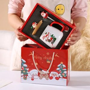 Festive Christmas Xmas Theme Ceramic Mug Cup Set with Lid And Spoon - 2025 Christmas Gift Box Mug for Coffee Milk Tea Breakfast