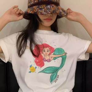 Casual Loose Cotton T-Shirt Womens round Neck Short Sleeve Cartoon Print Red Hair Mermaid Design Heavyweight Pure Cotton Korean Style
