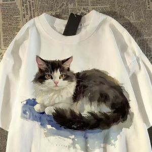 PAZHAOLANG | Oversize 300 Pounds Vintage Ink Cat Print T-Shirt