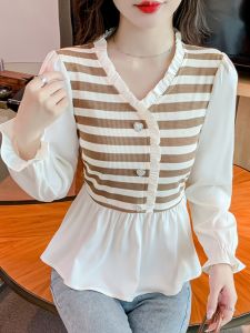 Fashionable Long Sleeve Shirt T-Shirt Womens Slimming Chiffon Top Spring Autumn New Style Two-Piece Set Casual Chic Outfit