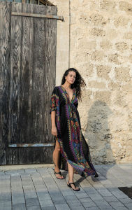 Egypt Dubai Travel Robe Female Caftan Exotic Style Vacation Sun Protection Long Dress Cotton Silk Print Silm Dress