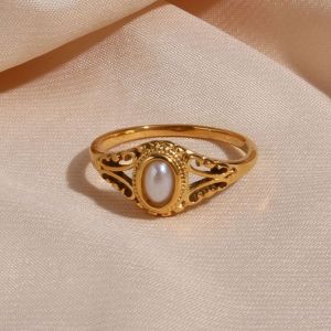 New Thin 18K Gold Plated Hollow Texture Natural Freshwater Pearl Rings For Women Stainless Steel Tarnish Free Gold Ring