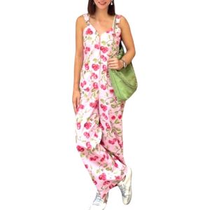 Adjustable Pockets Sleeveless Jumpsuit, Spaghetti Strap Sweetheart Neck, Twill Print Long Wide Leg - P010-316 by PIMNADACLOSET