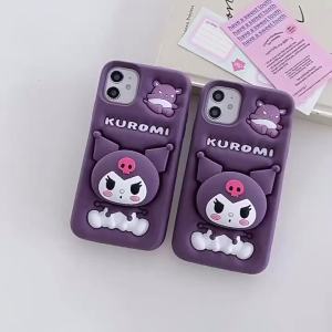 Sanrio | Lovely Cartoon Kuromi Phone Case For iPhone 18 17 16 15 14 13 12 11 Pro Max Plus 17 Pro Head Grip Tok Holder Silicone Phone Case